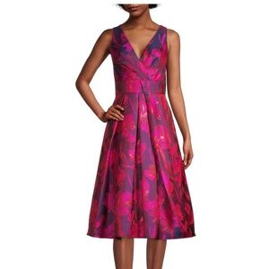 Aidan Mattox V-Neck Fit and Flare Fuscia Floral Jacquard Dress